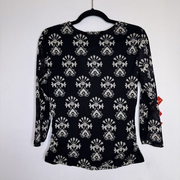 Vtg Y2K Art Deco Black White Sheer Mesh Faux Wrap V-Neck Top Whimsygoth Fairy XL - Picture 7 of 8